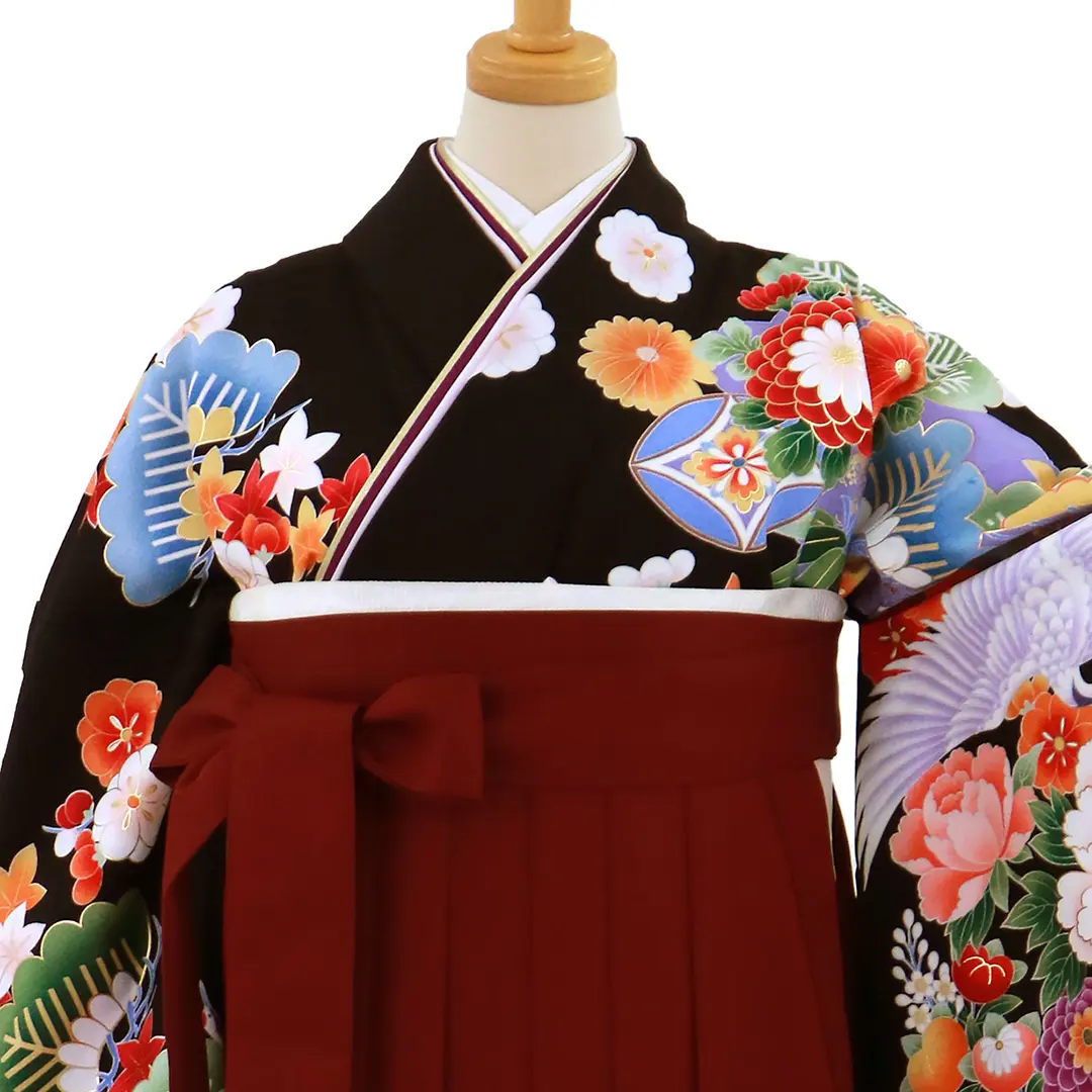 黒色に鶴と牡丹・臙脂袴（無地）（二尺袖）／卒業式／正面詳細