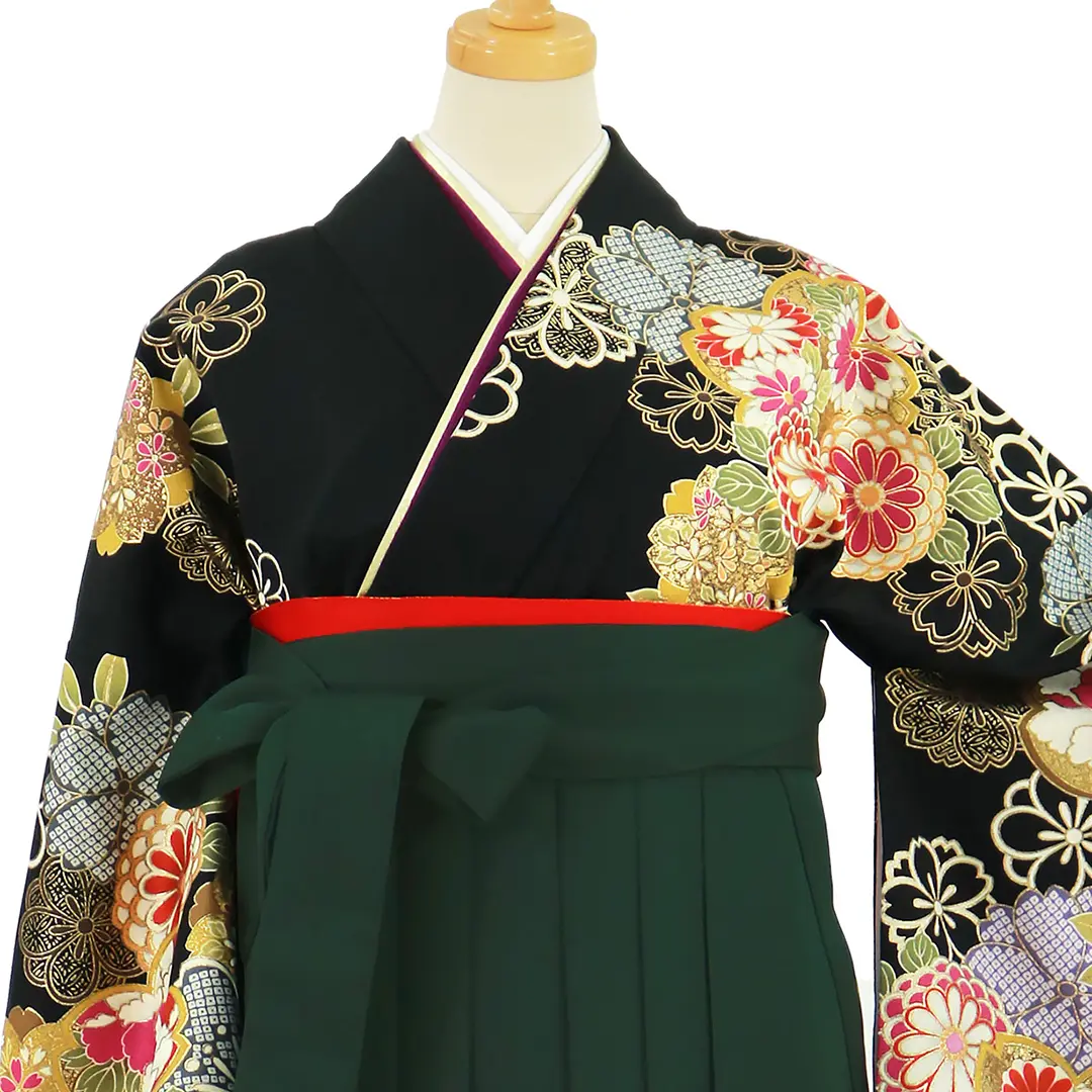 黒地に菊と桜、深緑袴（無地）（二尺袖）／卒業式／正面詳細