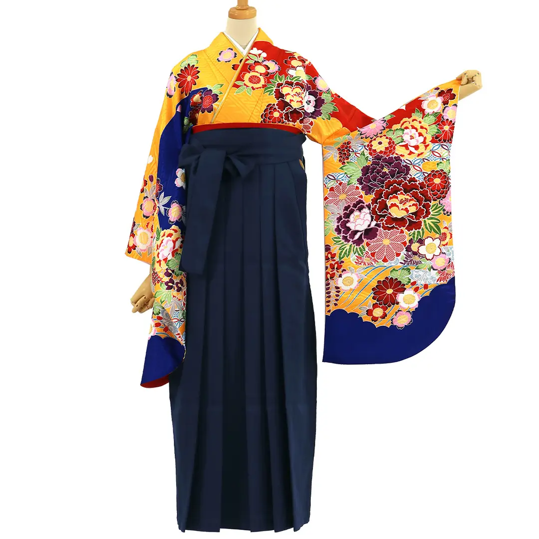 黄色地に紅型風の花鳥・紺袴（無地） （二尺袖）／卒業式 | 宅配着物