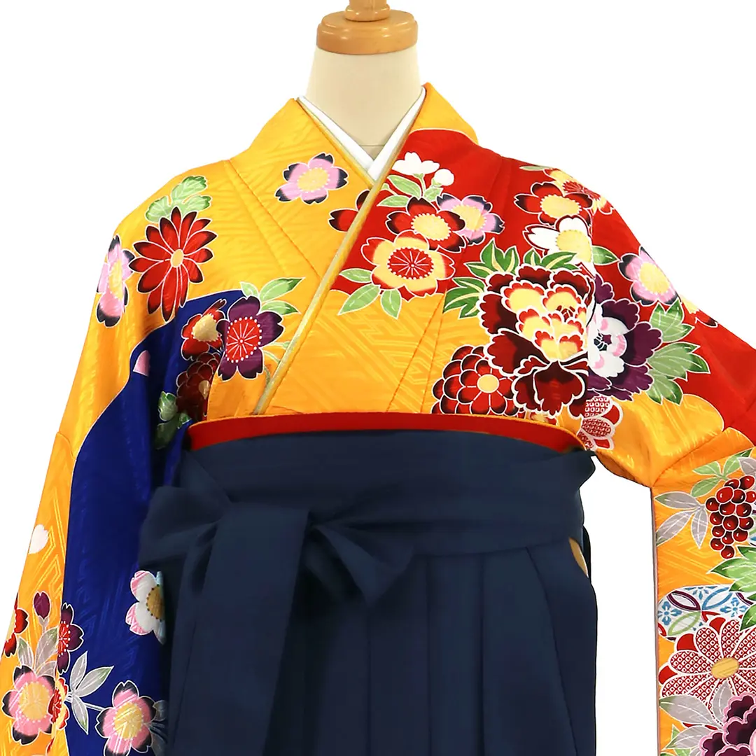 二尺袖 着物 袴フルセット 赤地 袴変更可能 NO32505-2 袴 レンタル 卒業式 2尺袖着物 17点セット 九重 レトロ モダン 袴
