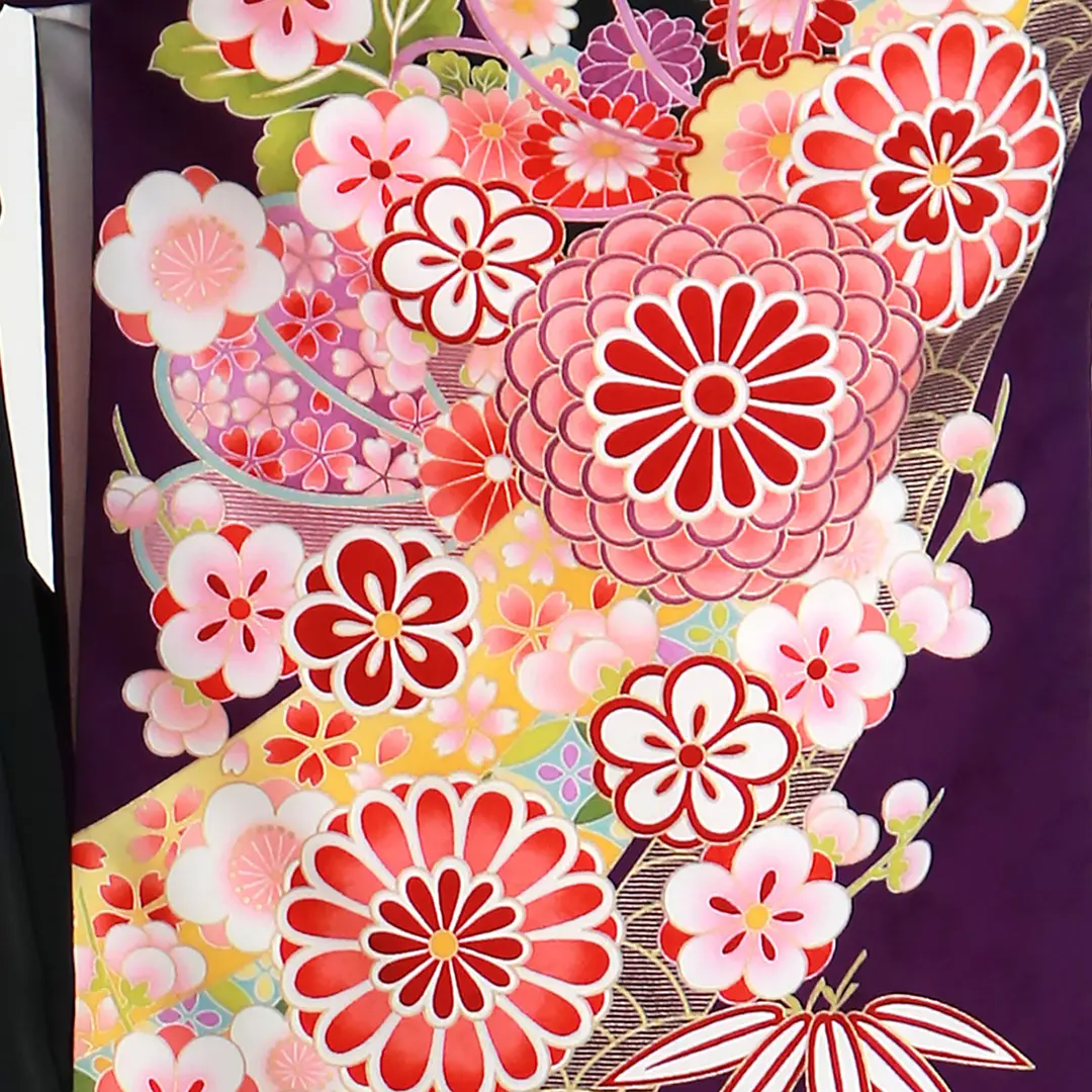 紫地に桜と橘・黒袴（無地） （二尺袖）／卒業式 | 宅配着物レンタルの