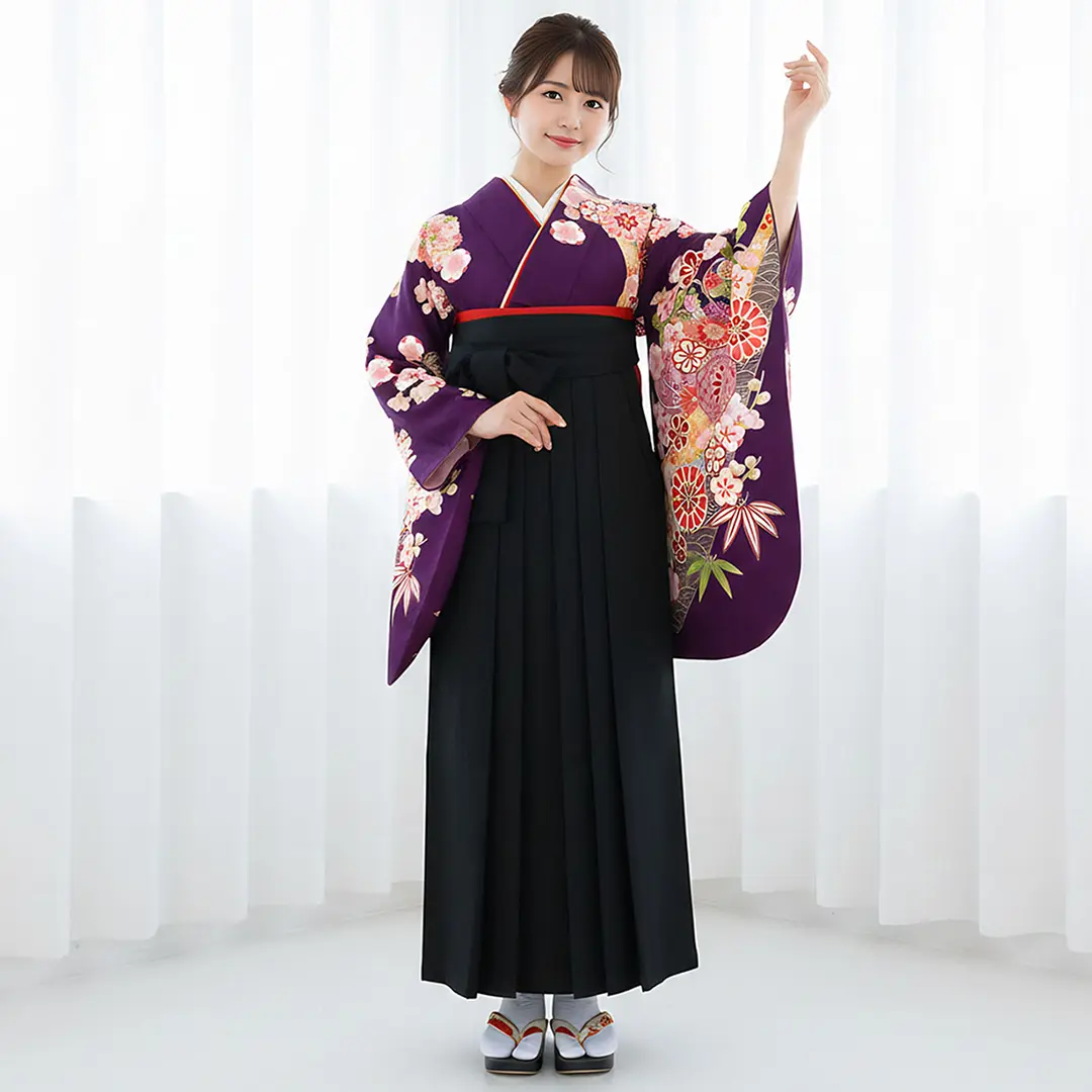 紫地に桜と橘・黒袴（無地） （二尺袖）／卒業式 | 宅配着物レンタルの