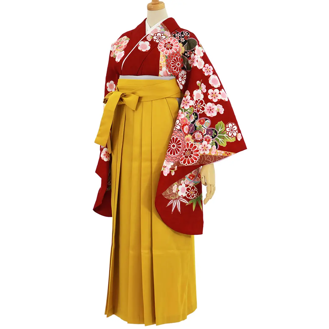 赤地に菊と桜、マスタード袴（無地）（二尺袖）／卒業式／斜め