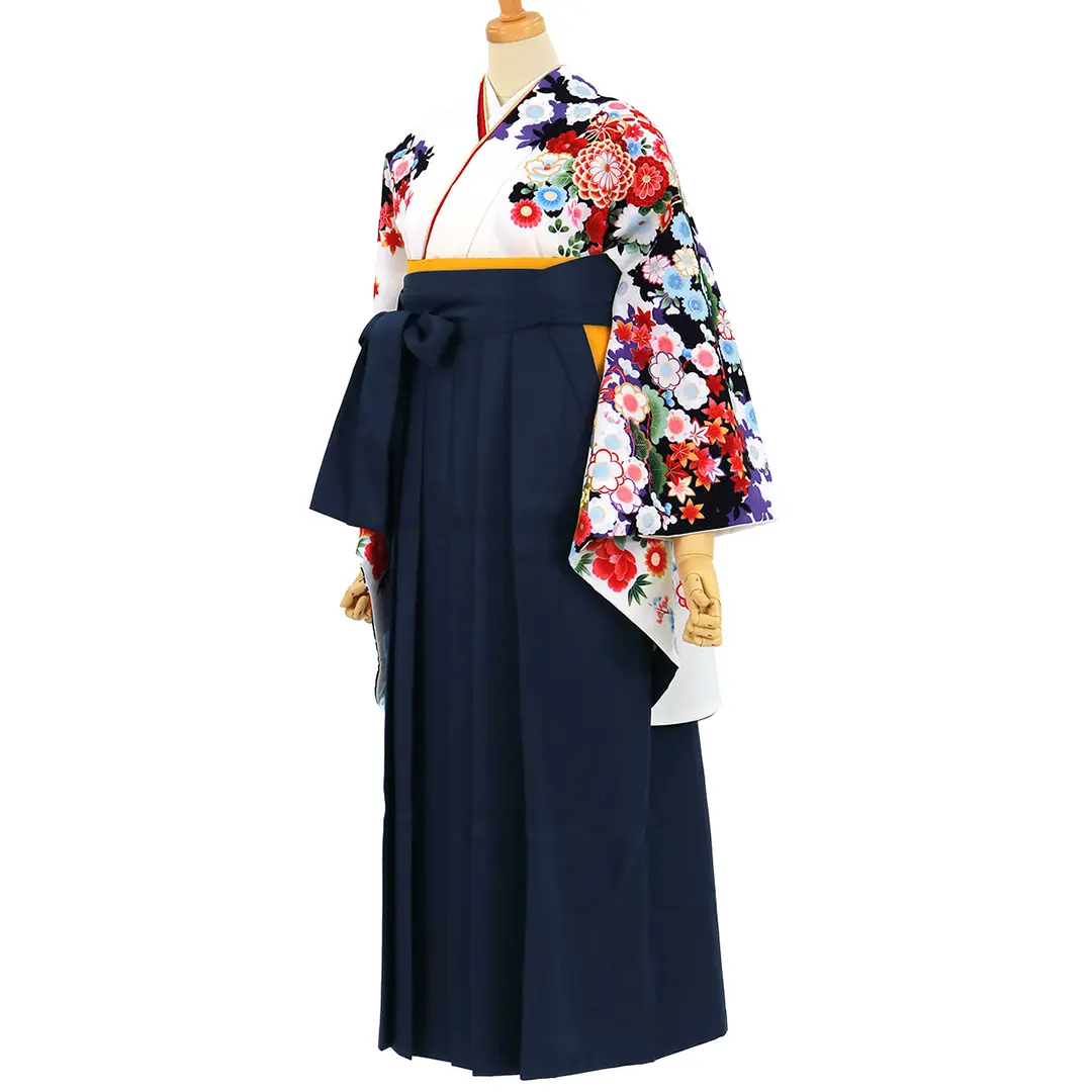 白地に几帳と花尽くし・紺袴（無地） （二尺袖）／卒業式／斜め