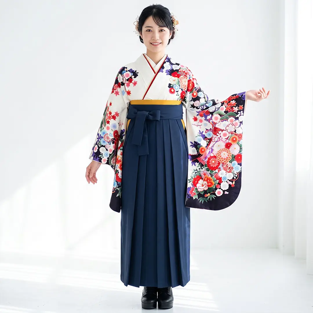 白地に几帳と花尽くし・紺袴（無地） （二尺袖）／卒業式／着用イメージ