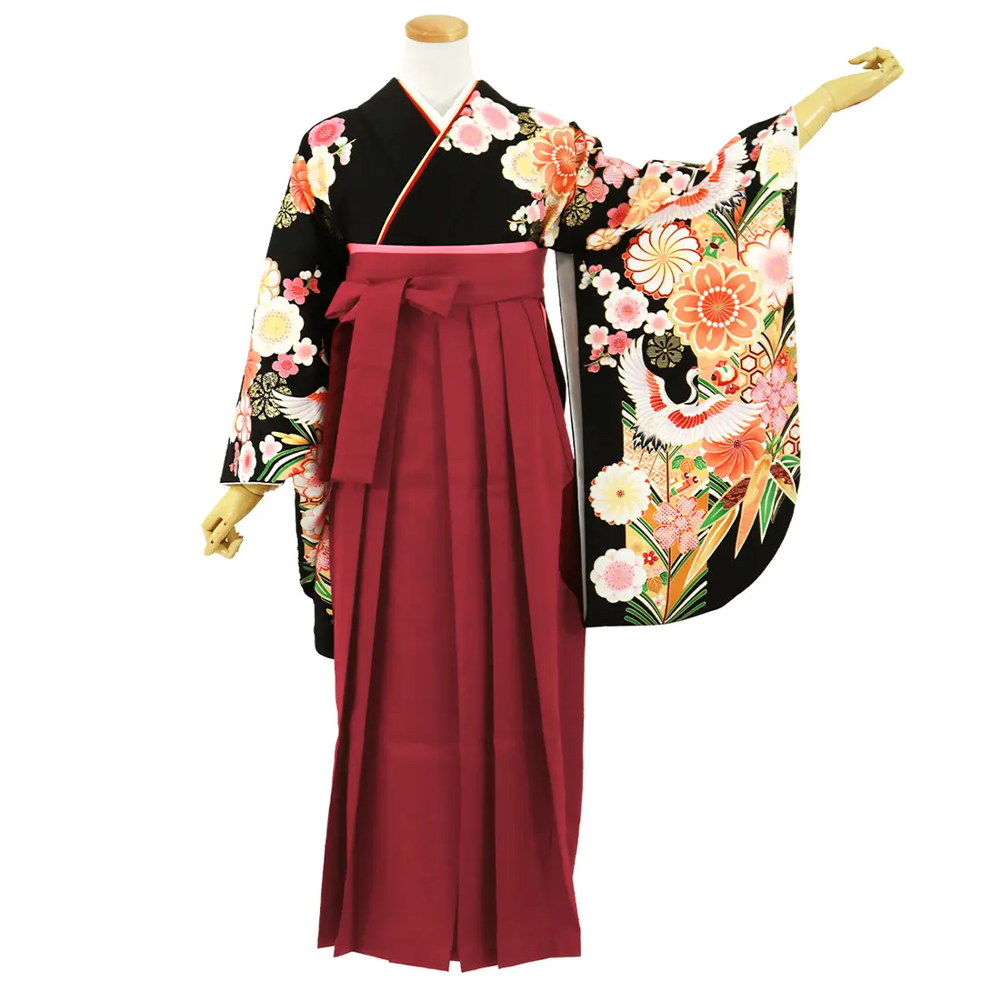 黒地に鶴と桜・臙脂袴（無地） （二尺袖）／卒業式／正面