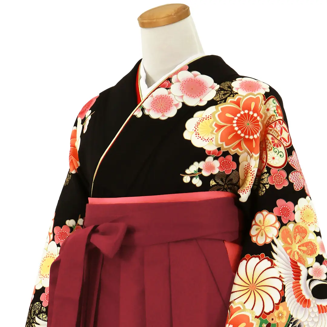 黒地に鶴と桜・臙脂袴（無地） （二尺袖）／卒業式／斜め詳細