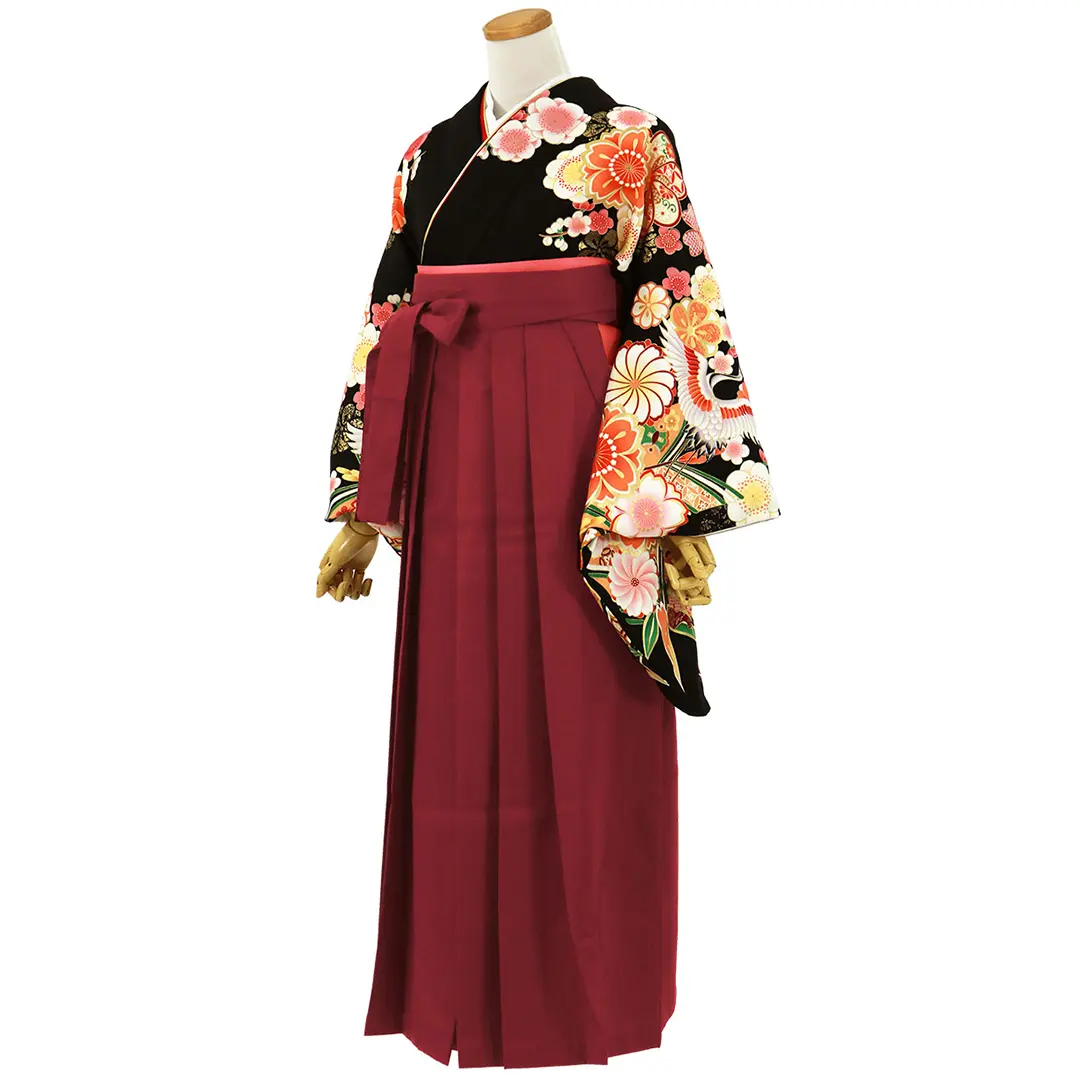 黒地に鶴と桜・臙脂袴（無地） （二尺袖）／卒業式／斜め