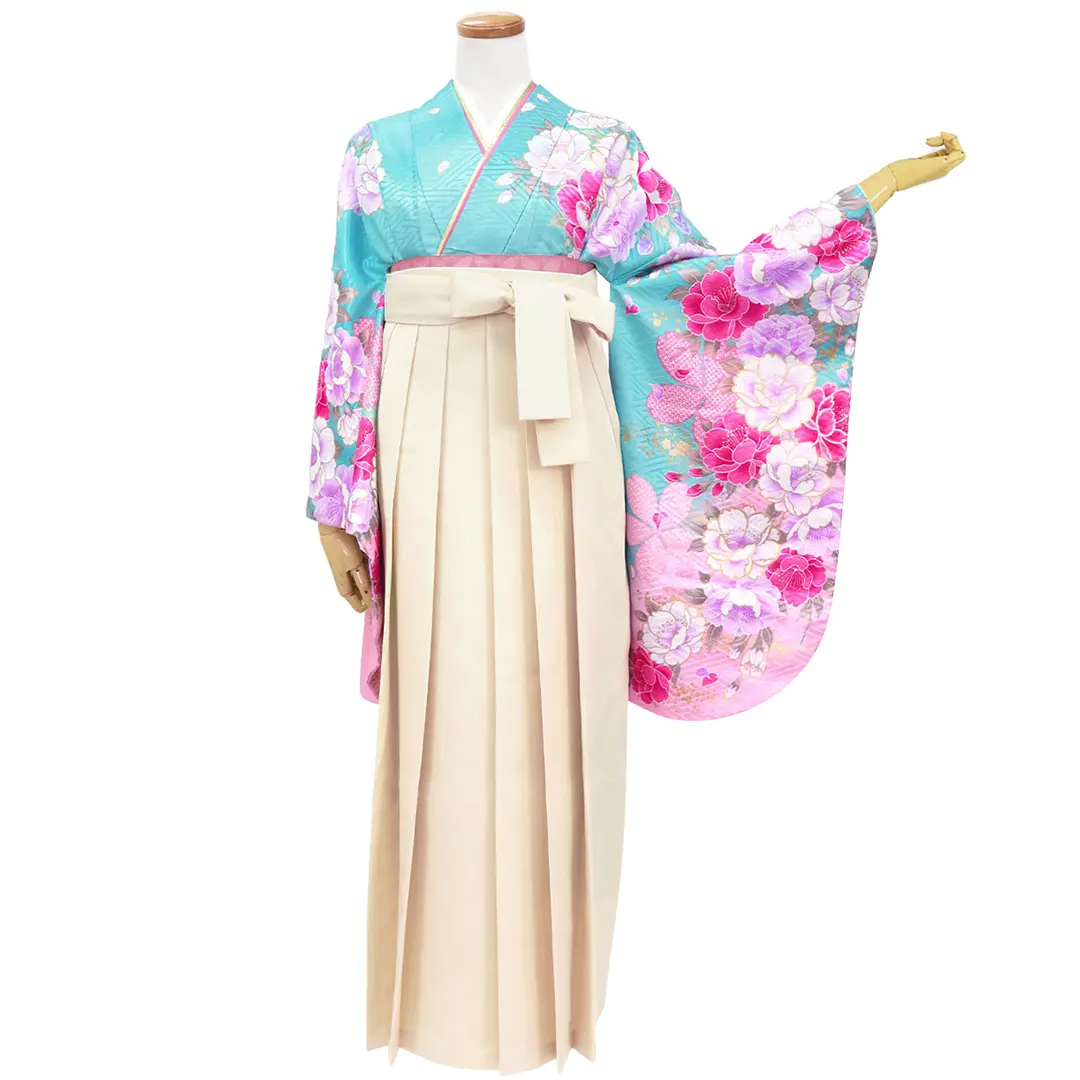 水色と桃色地に牡丹と桜・アイボリー袴（無地） （二尺袖）／卒業式