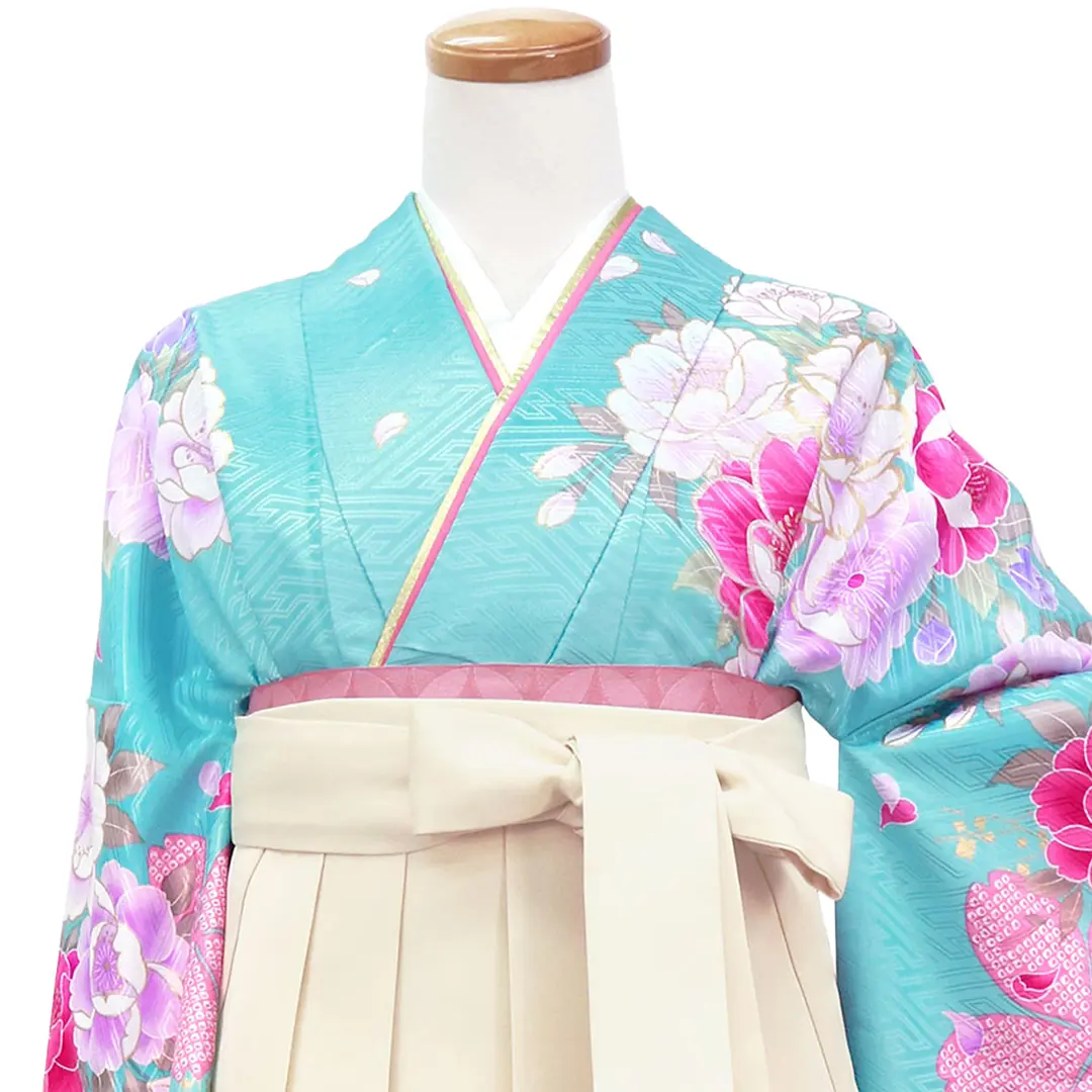 水色と桃色地に牡丹と桜・アイボリー袴（無地） （二尺袖）／卒業式
