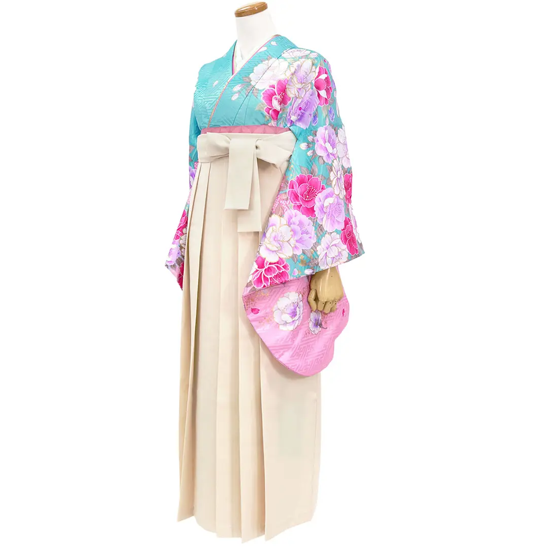 水色と桃色地に牡丹と桜・アイボリー袴（無地） （二尺袖）／卒業式