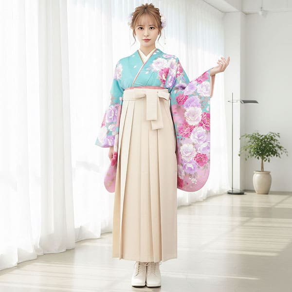 水色と桃色地に牡丹と桜・アイボリー袴（無地） （二尺袖）／卒業式