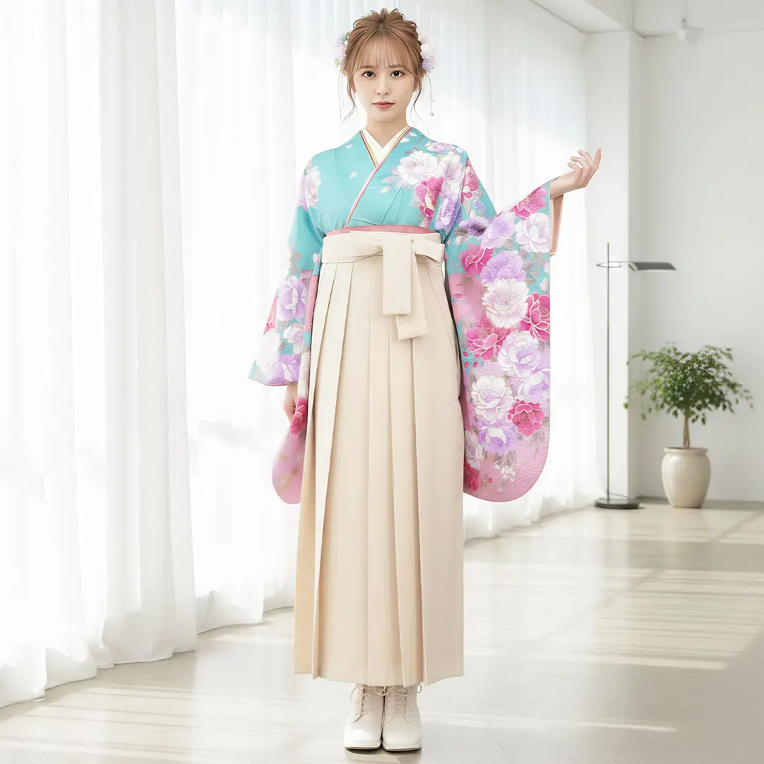 水色と桃色地に牡丹と桜・アイボリー袴（無地） （二尺袖）／卒業式