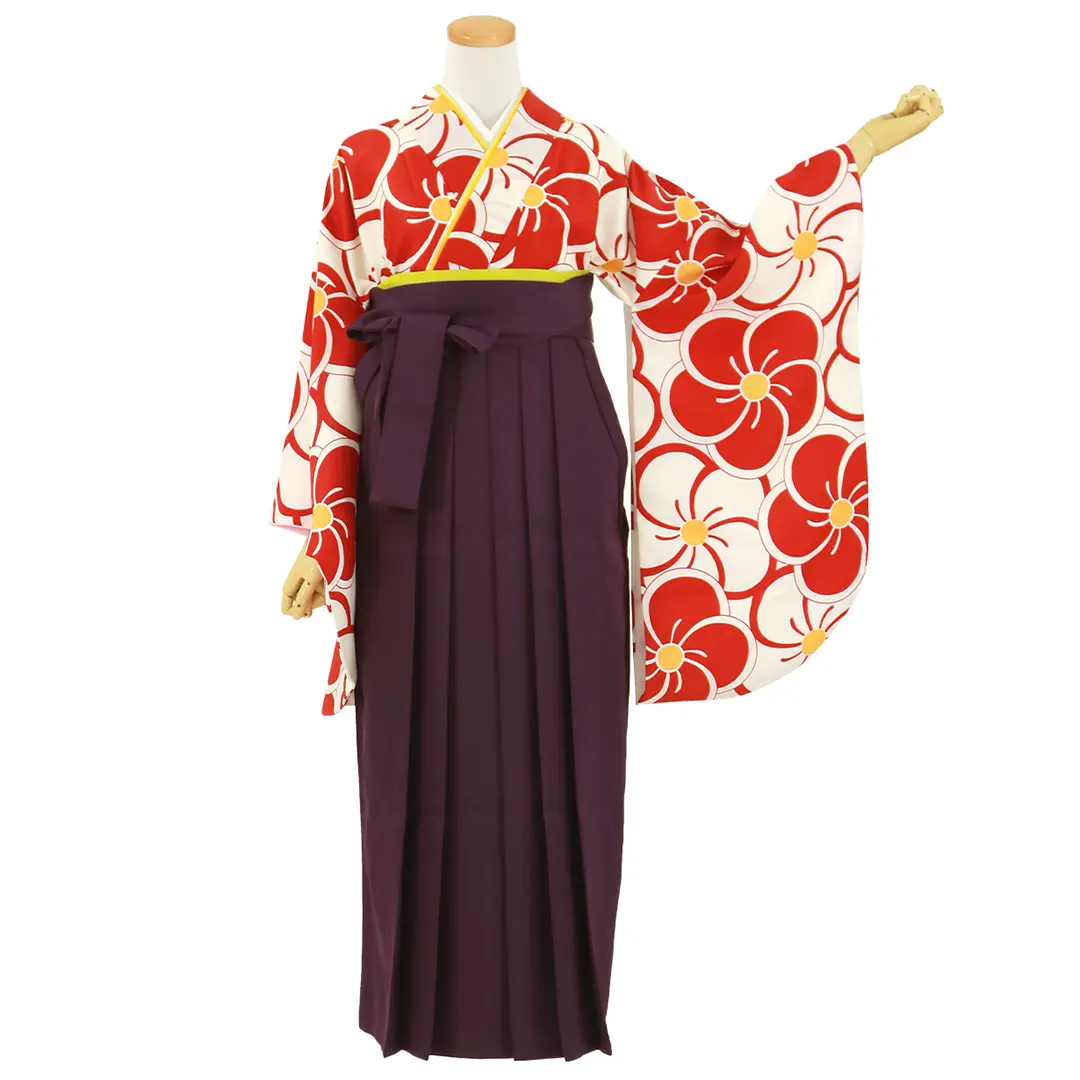 赤と白のねじ梅・紫袴（無地） （二尺袖）／卒業式／正面