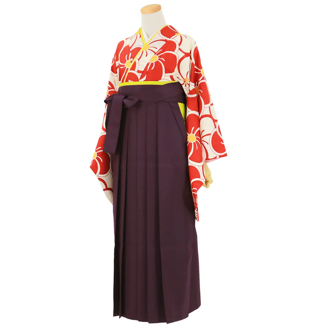 赤と白のねじ梅・紫袴（無地） （二尺袖）／卒業式／斜め