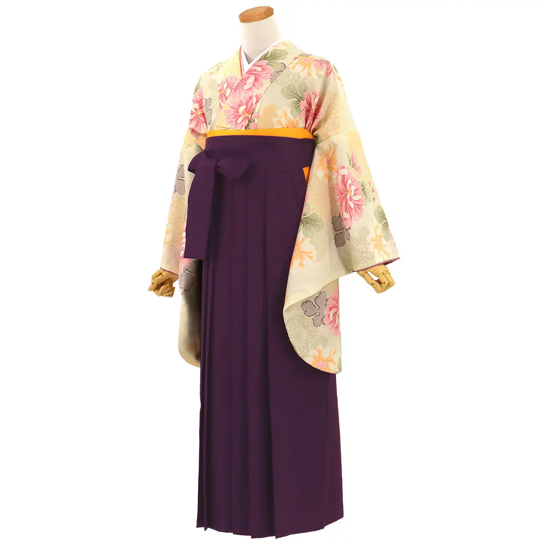 アイボリーに菊づくし・紫袴（無地） （二尺袖）／卒業式 | 宅配着物