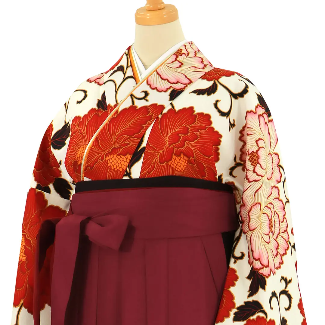 ≪ヒロミチナカノ≫白地に赤の牡丹・臙脂袴（無地） （二尺袖）／卒業