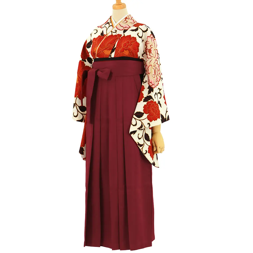 ≪ヒロミチナカノ≫白地に赤の牡丹・臙脂袴（無地） （二尺袖）／卒業