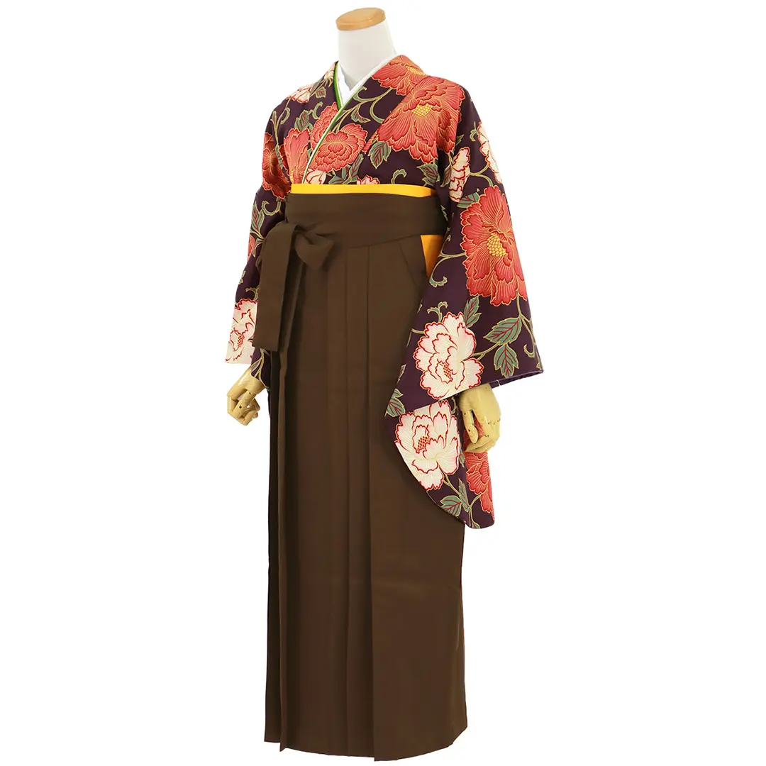 ≪ヒロミチナカノ≫紫地に赤の牡丹・茶色袴（無地） （二尺袖）／卒業