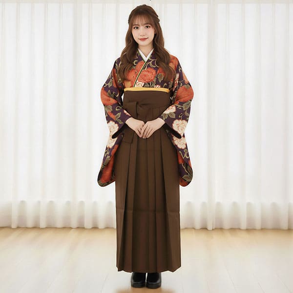 ≪ヒロミチナカノ≫紫地に赤の牡丹・茶色袴（無地） （二尺袖）／卒業