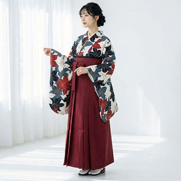 白地に紅白、灰色の百合づくし・臙脂袴（無地） （二尺袖）／卒業式