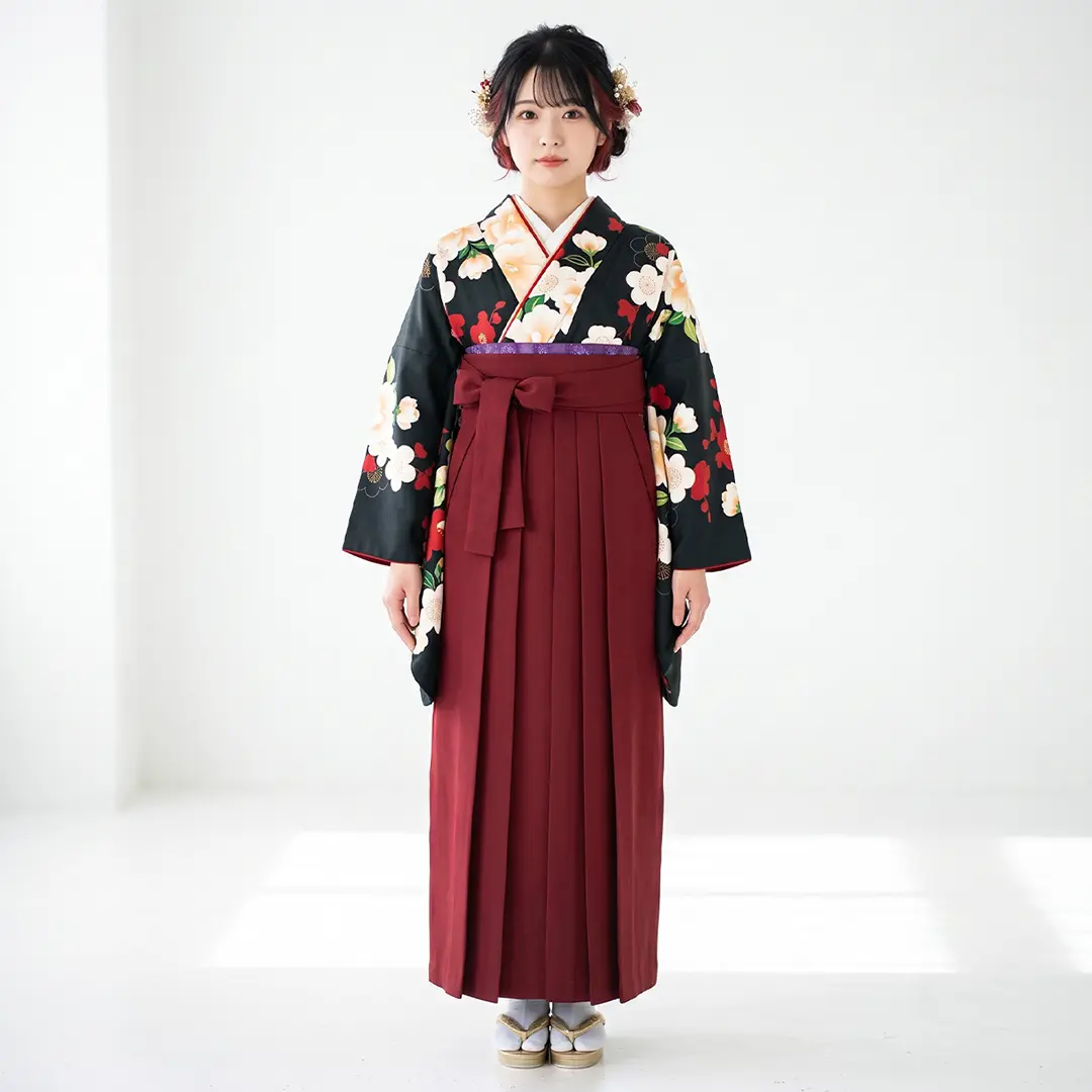 黒地に白い椿と梅・臙脂袴（無地） （二尺袖）／卒業式／着用イメージ