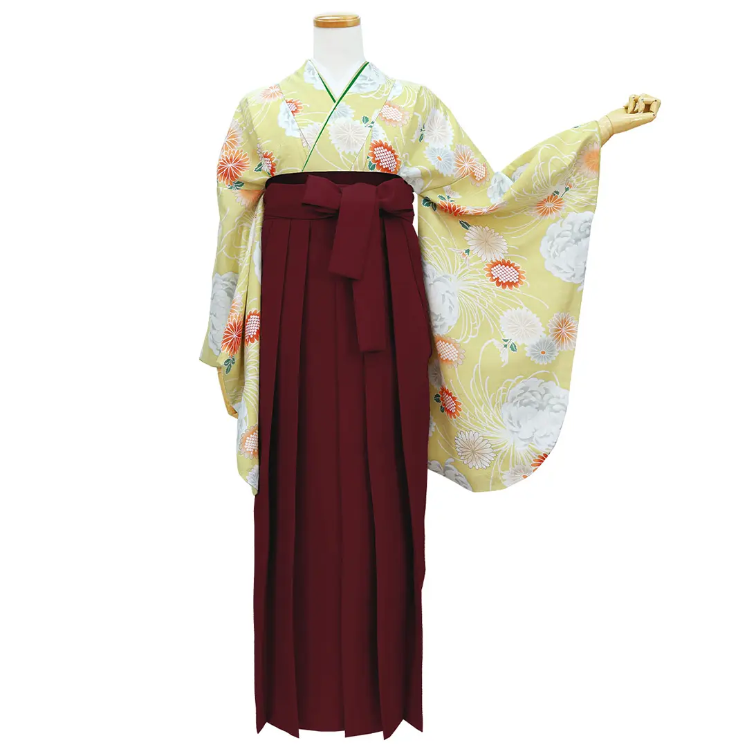 黄色地に菊尽くし・臙脂袴（無地） （二尺袖）／卒業式／正面