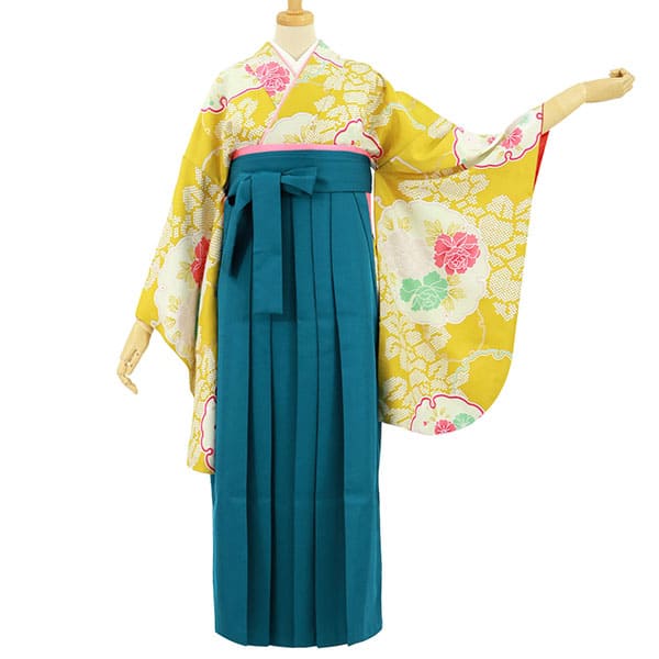 二尺袖 袴フルセット From KYOTO 黄色地 袴変更可能 NO35835 黄色地に花尽くし・茶色袴（無地） （二尺袖）／卒業式 | 宅配着物