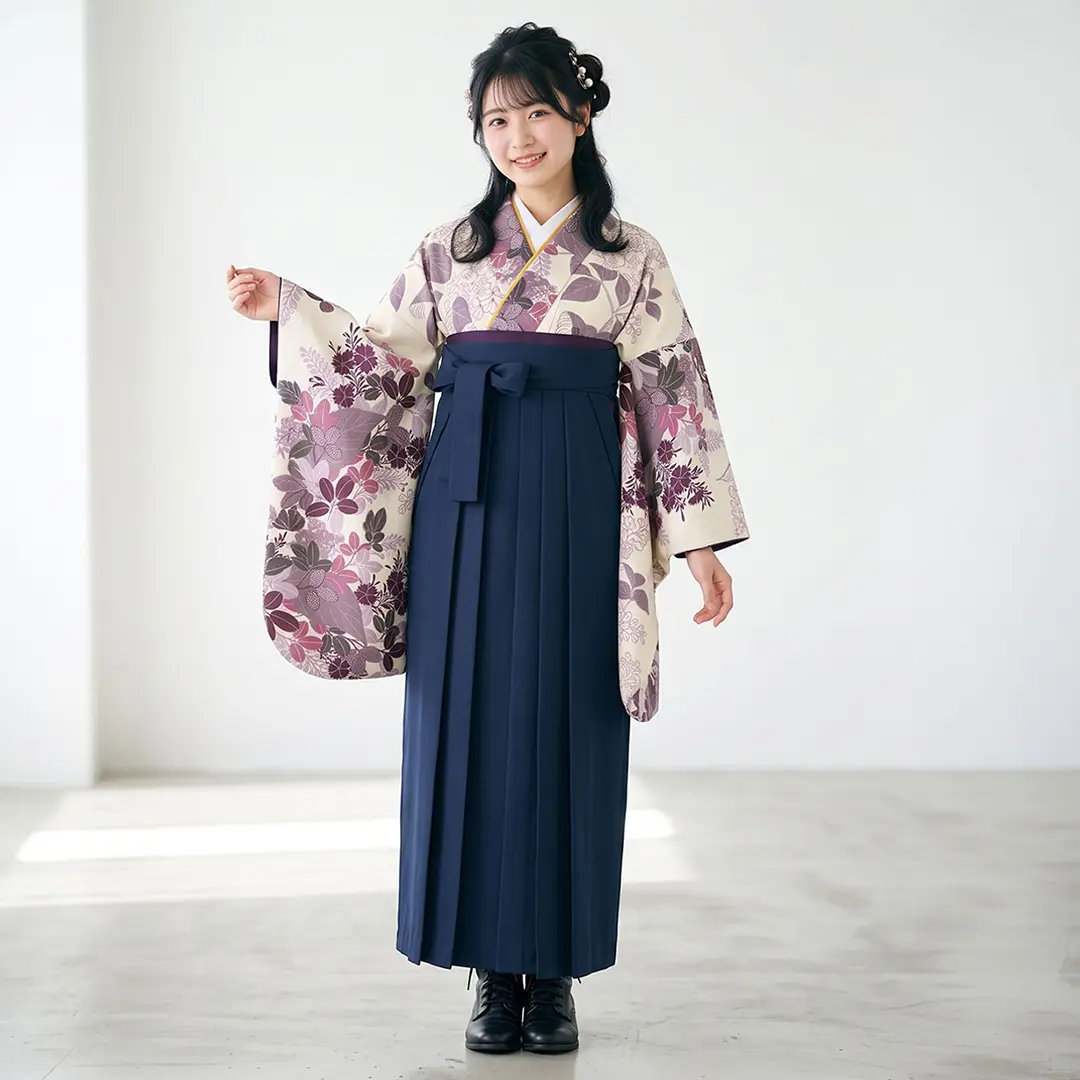 ベージュ地に秋草・紺袴（無地） （二尺袖）／卒業式ベージュ地に秋草・紺袴（無地） （二尺袖）／卒業式