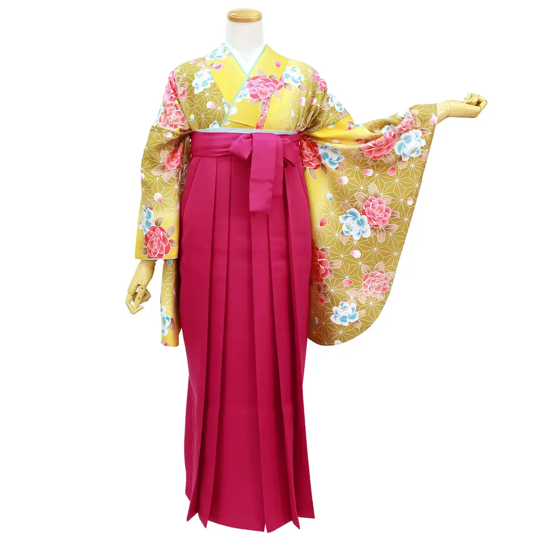 【人気セット】黄金色に椿と麻の葉・中紅袴（無地） （二尺袖）／卒業式