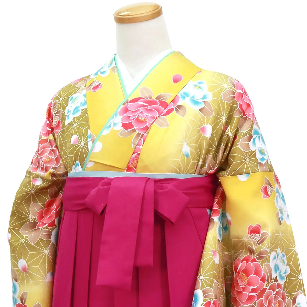 【人気セット】黄金色に椿と麻の葉・中紅袴（無地） （二尺袖）／卒業式