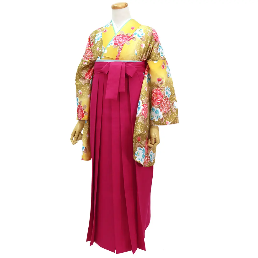 【人気セット】黄金色に椿と麻の葉・中紅袴（無地） （二尺袖）／卒業式