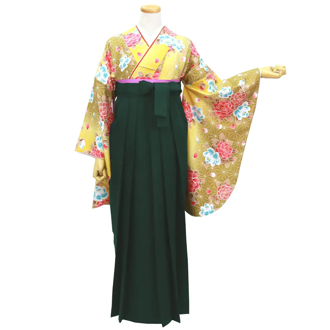 【人気セット】黄金色に椿と麻の葉・深緑袴（無地） （二尺袖）／卒業式／正面