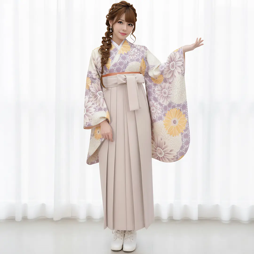 薄紫地にマーガレット・グレージュ袴（無地）（二尺袖）／卒業式 モデル正面詳細