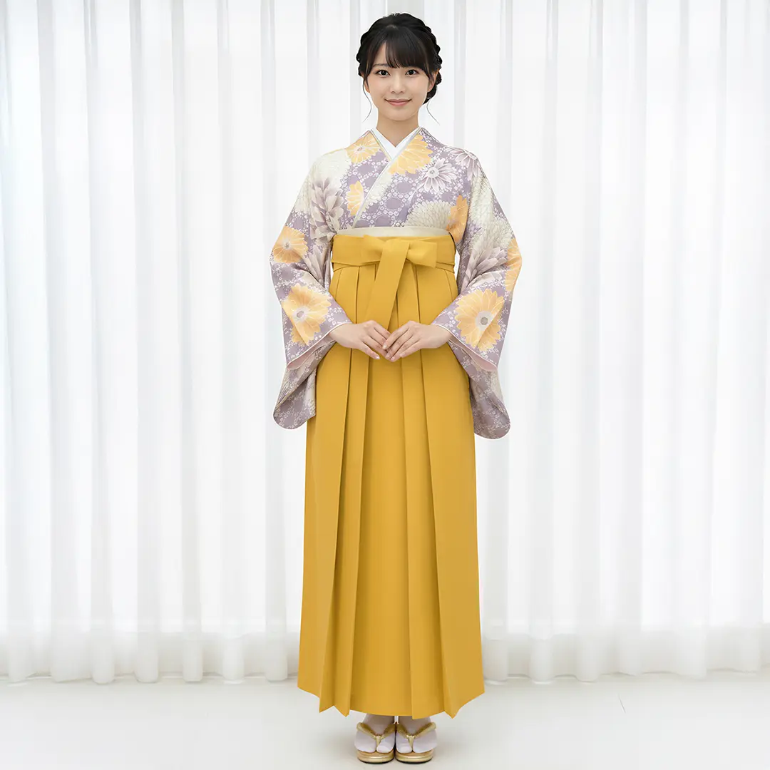 薄紫地にマーガレット・マスタード袴（無地）（二尺袖）／卒業式 モデル正面詳細