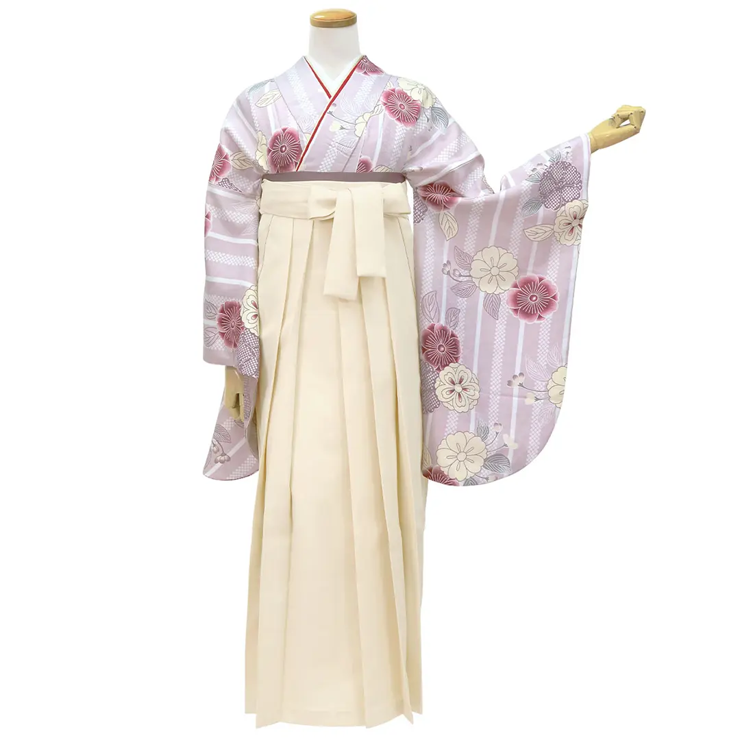 薄紫地にストライプと桜・アイボリー袴（無地） （二尺袖）／卒業式