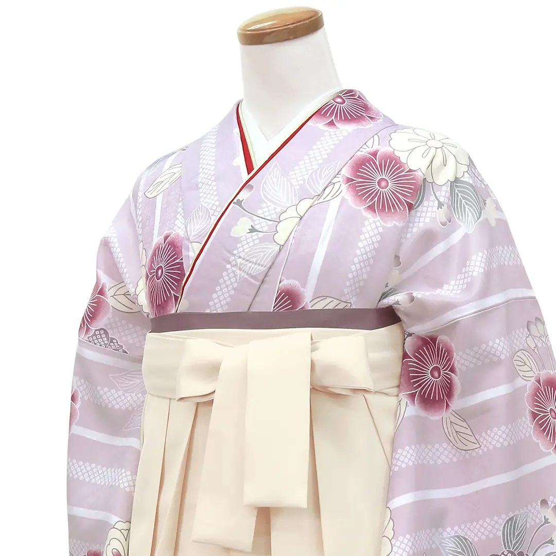 薄紫地にストライプと桜・アイボリー袴（無地）（二尺袖）／卒業式 斜め詳細