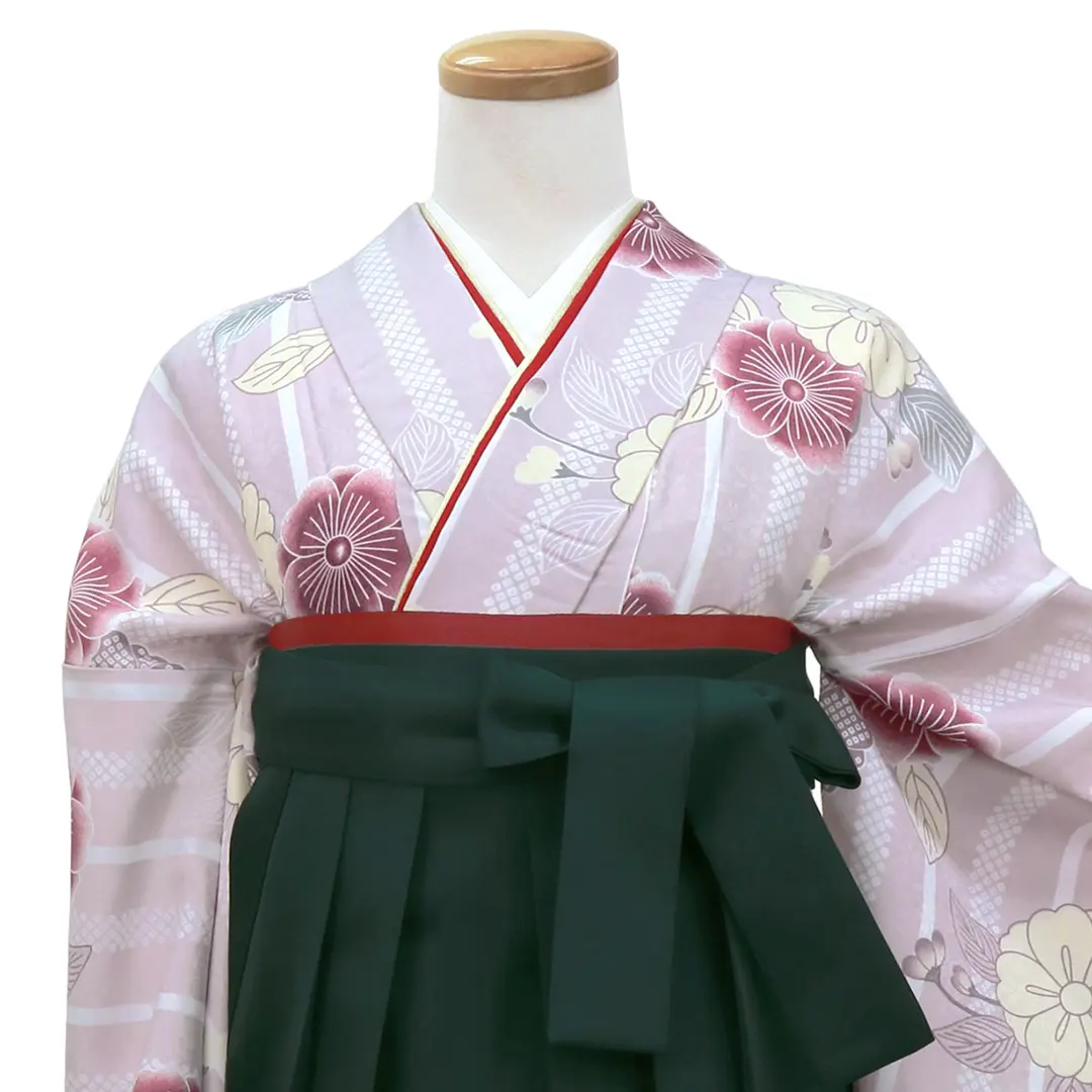 薄紫地にストライプと桜・緑袴（無地）（二尺袖）／卒業式 正面詳細
