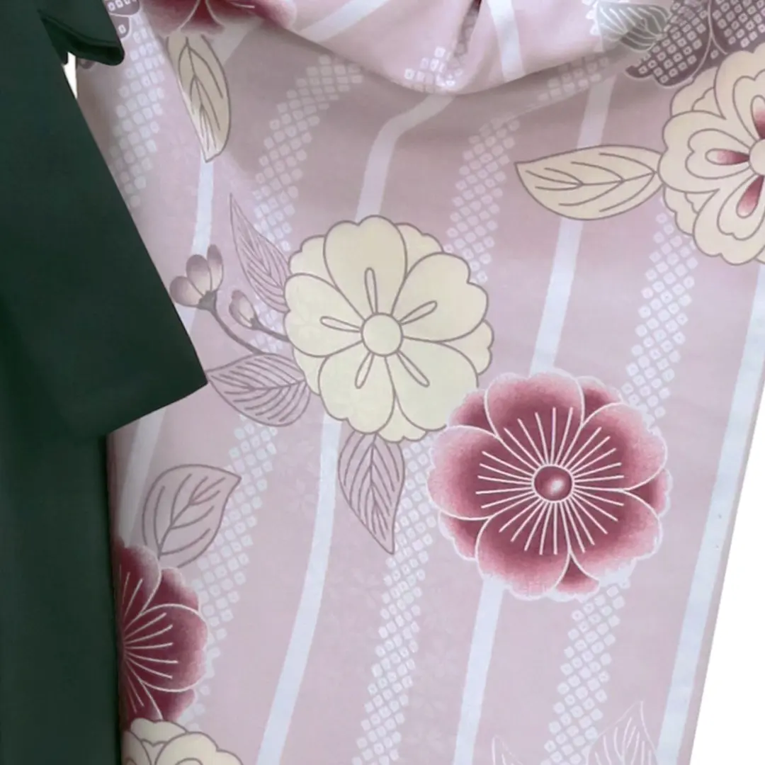 薄紫地にストライプと桜・緑袴（無地）（二尺袖）／卒業式 袖詳細