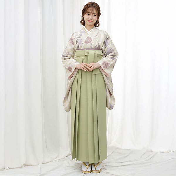 グレージュ地にストライプと桜・オリーブ袴（無地） （二尺袖）／卒業