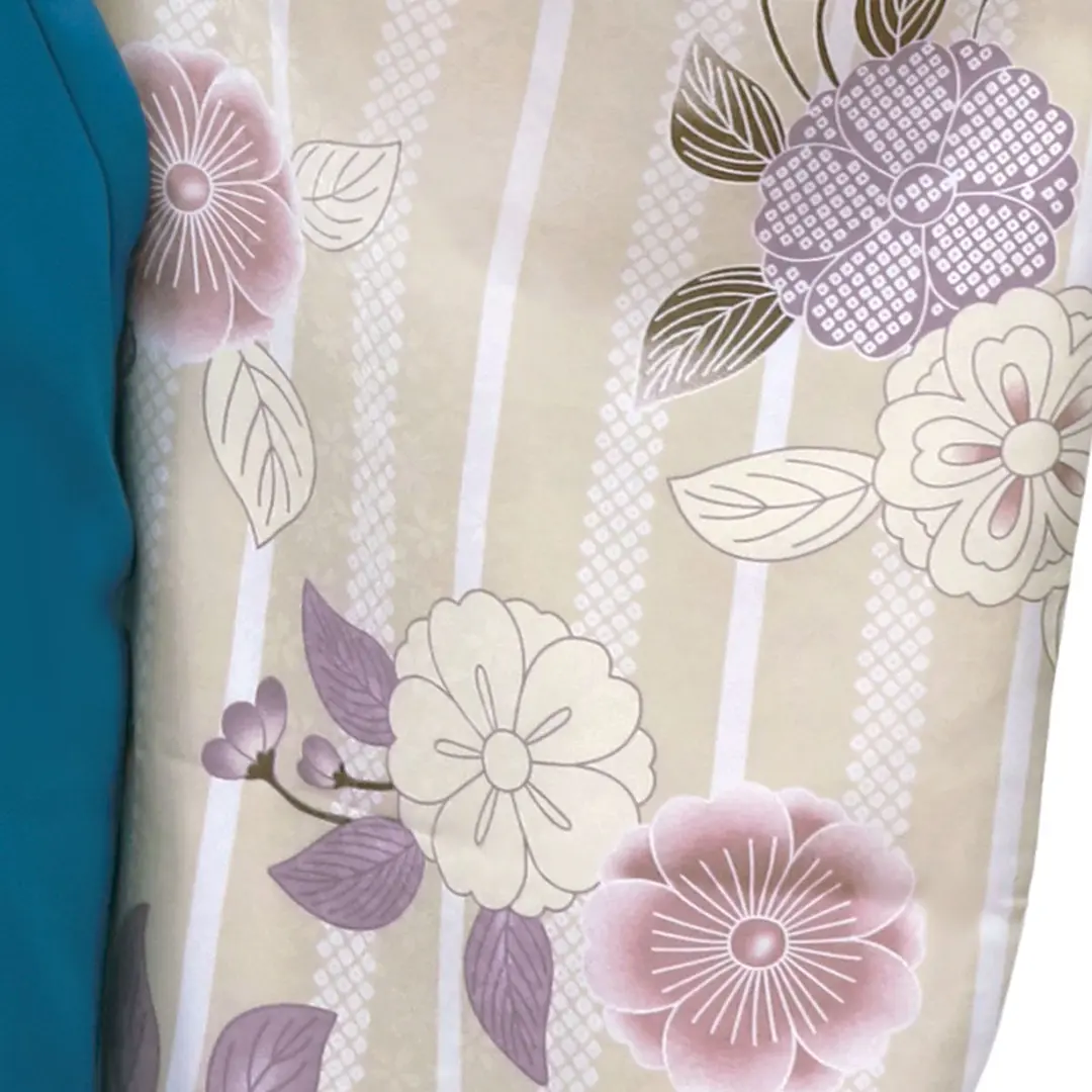 グレージュ地にストライプと桜・青袴（無地）（二尺袖）／卒業式 袖詳細