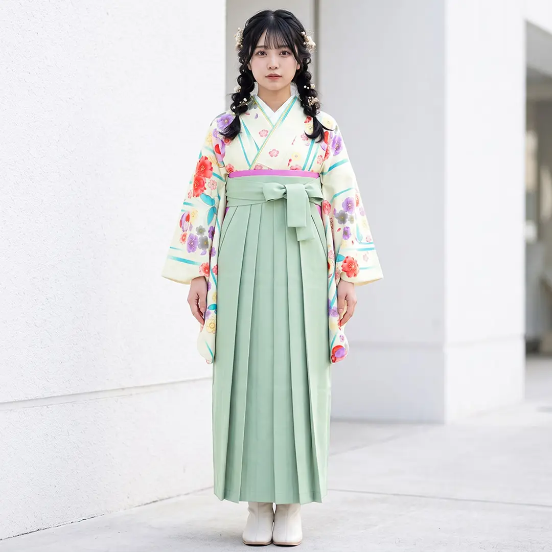 【人気セット】アイボリーにストライプ柄桜、蝶と毬模様・くすみグリーン袴（無地） （二尺袖）／卒業式／着用イメージ