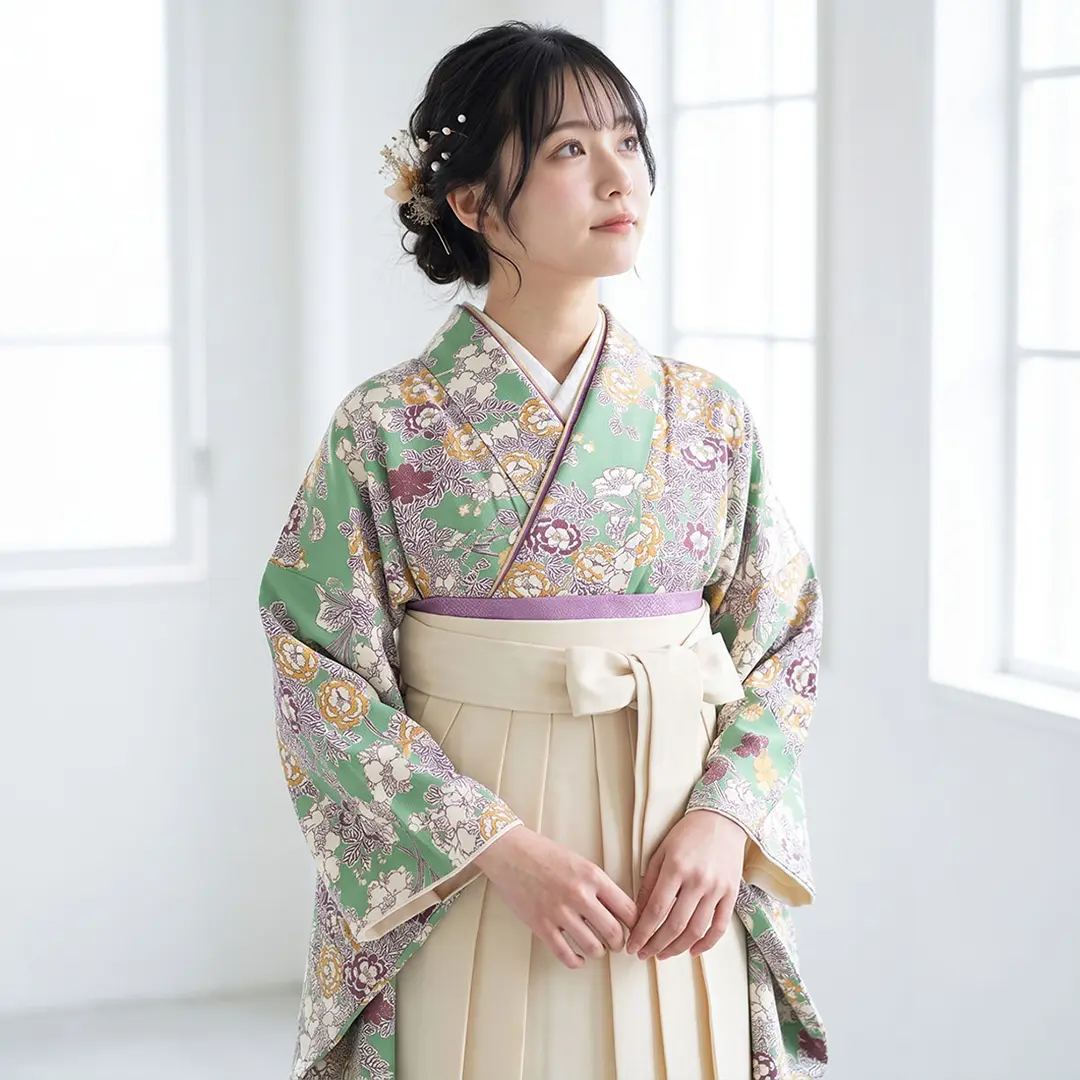 緑地にボタニカル・アイボリー袴（無地） （二尺袖）／卒業式