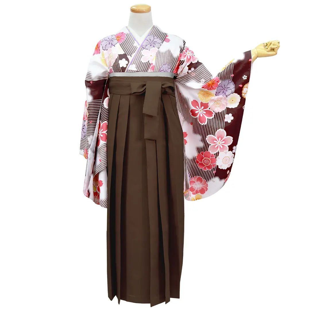 葡萄茶（えびちゃ）地に縞と桜模様・茶色袴（無地） （二尺袖）／卒業