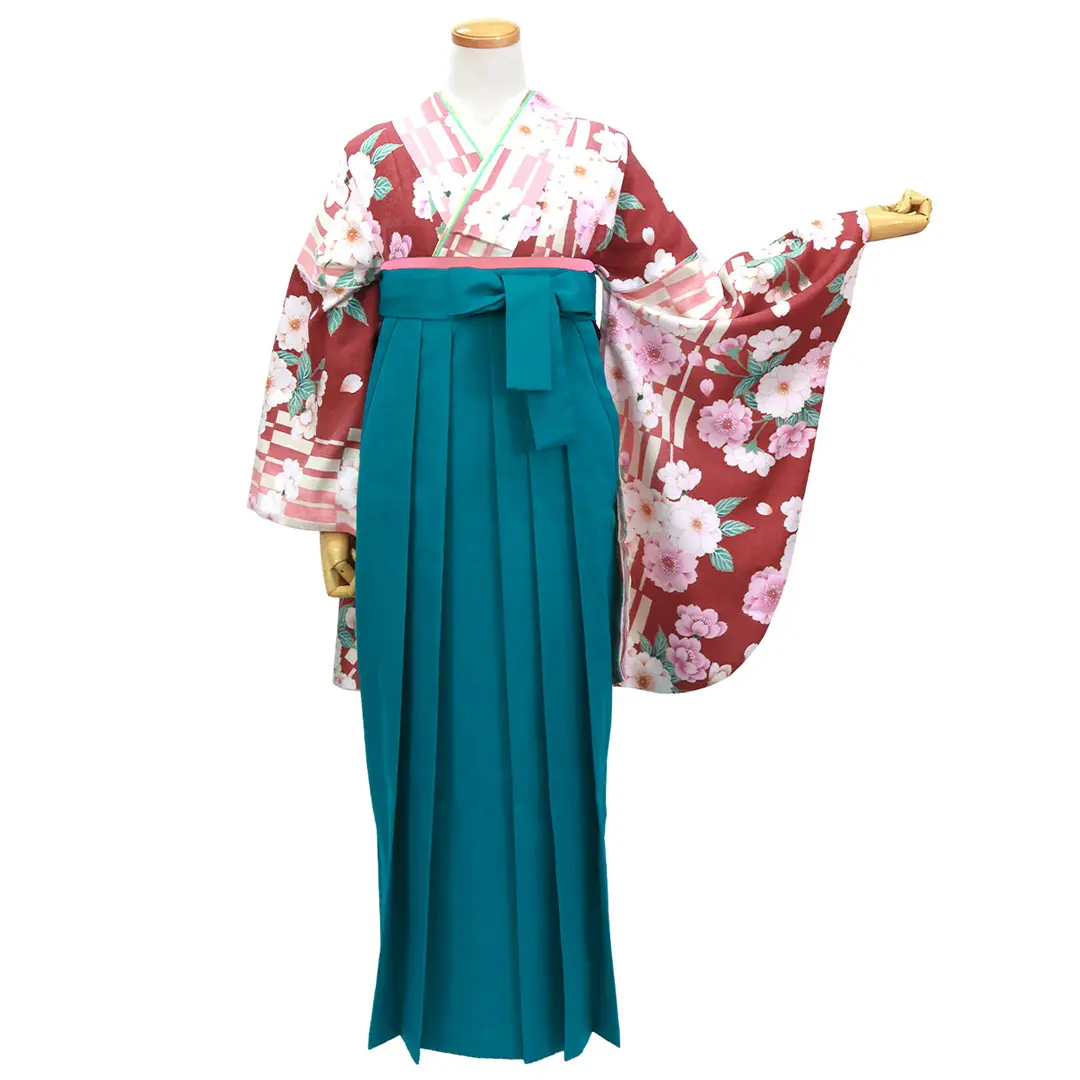 【人気セット】赤紅色に格子柄と桜・青袴（無地） （二尺袖）／卒業式／正面