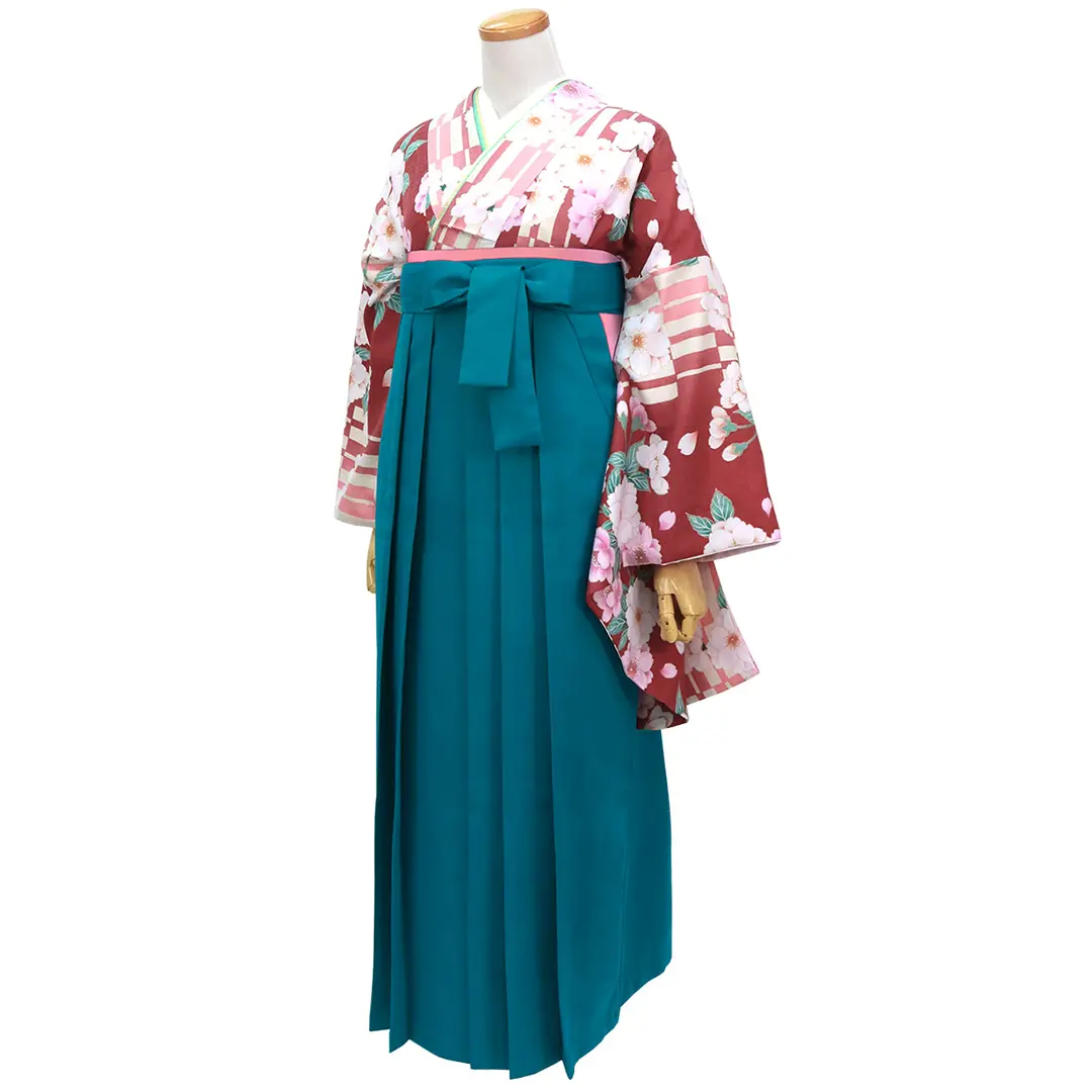 【人気セット】赤紅色に格子柄と桜・青袴（無地） （二尺袖）／卒業式