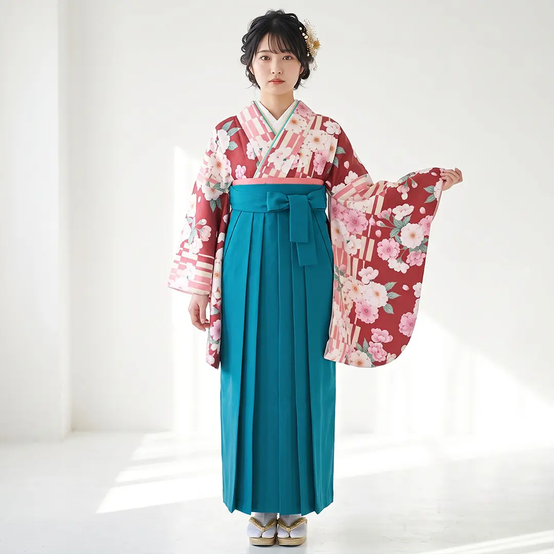 【人気セット】赤紅色に格子柄と桜・青袴（無地） （二尺袖）／卒業式／着用イメージ