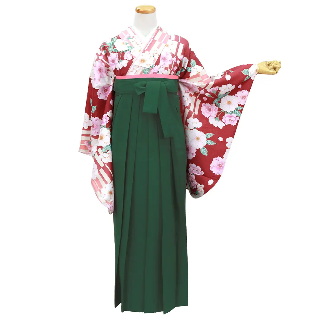 赤紅色に格子柄と桜・深緑袴（無地） （二尺袖）／卒業式／正面