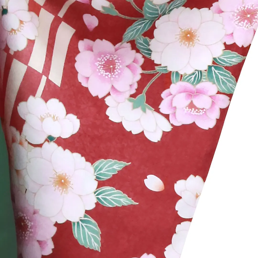 赤紅色に格子柄と桜・深緑袴（無地） （二尺袖）／卒業式／柄詳細