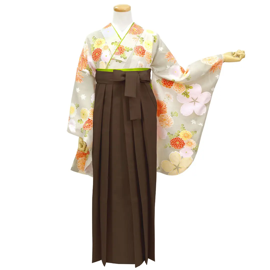 【人気セット】白花色に菊と疋田桜・茶色袴（無地） （二尺袖）／卒業式／正面